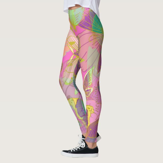 Chic Gold Butterfly Turquoise Violet Leggings (Left)