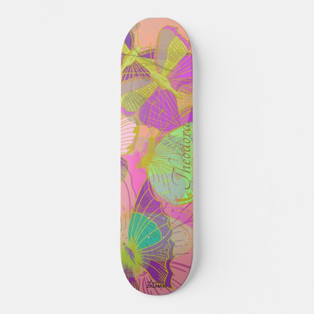 Chic Gold Butterfly Turquoise Violet Pattern Skateboard (Front)