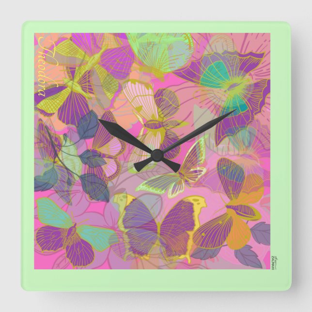 Chic Gold Butterfly Turquoise Violet Square Wall Clock (Front)