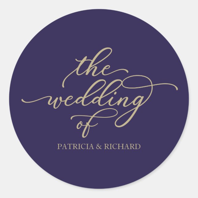 Chic Gold Calligraphy Navy Blue Wedding Classic Round Sticker (Front)