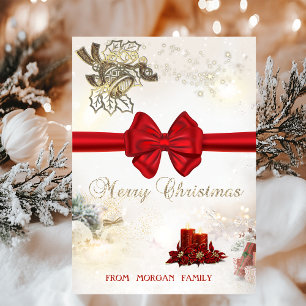 Chic Gold Christmas Bells,Candles,Red Bow Holiday Card