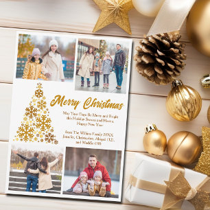 Chic Gold Christmas Tree Family Photo Collage Holiday Card