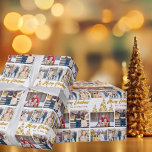 Chic Gold Christmas Tree Family Photo Collage Wrapping Paper<br><div class="desc">Chic custom gold script Christmas wrapping paper your family photo collage around a beautiful tree made of golden snowflakes with Merry Christmas and your name. Personalise with your 5 favourite kids photos on this trendy snowflake holiday gift wrap.</div>
