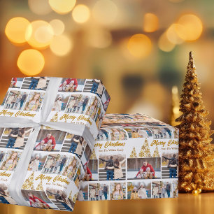 Chic Gold Christmas Tree Family Photo Collage Wrapping Paper