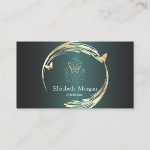 Chic Gold Circles Butterflies Dark Green  Business Card