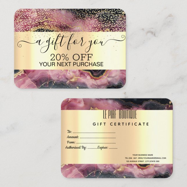 Chic Gold Confetti,Burgundy Marble Gold Discount Card (Front/Back)
