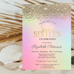 Chic Gold Confetti Diamonds Holographic Sweet 16 Invitation