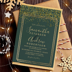 Chic gold confetti green border wedding invitation