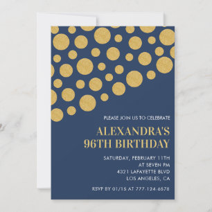 Chic Gold Confetti Navy Blue 96th birthday Invitation