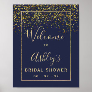 Chic gold confetti navy blue bridal shower welcome poster