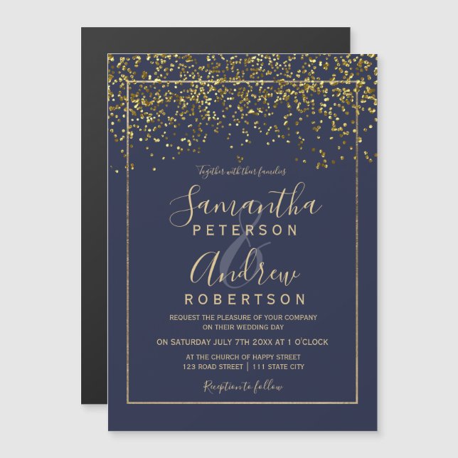 Chic gold confetti navy blue typography wedding magnetic invitation (Front/Back)