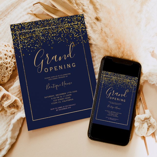 Chic gold confetti navy typography grand opening invitation (Chic gold confetti navy typography grand opening invitation)