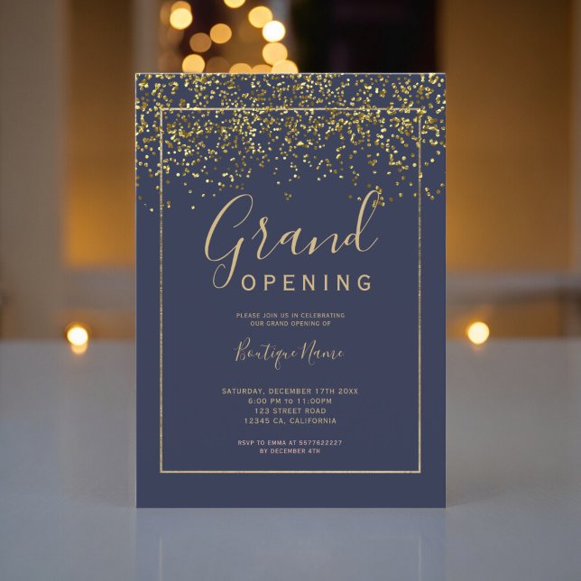 Chic gold confetti navy typography grand opening invitation (Chic gold confetti navy typography grand opening invitation)