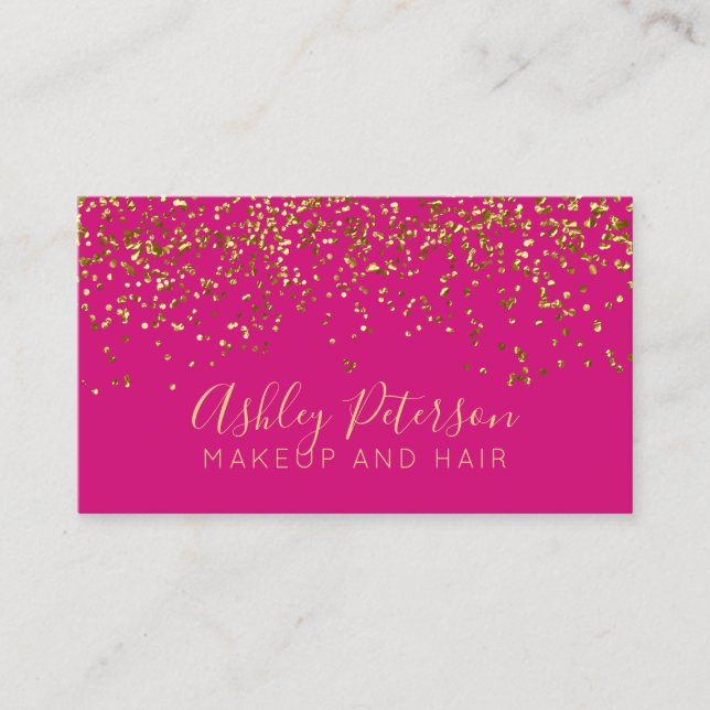Chic gold confetti neon pink makeup typography business card (Front)