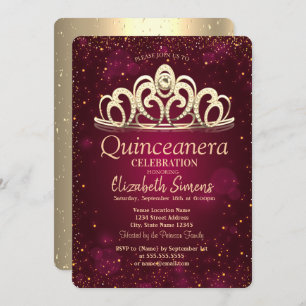 Chic Gold Confetti Tiara Burgundy Quinceañera   Invitation
