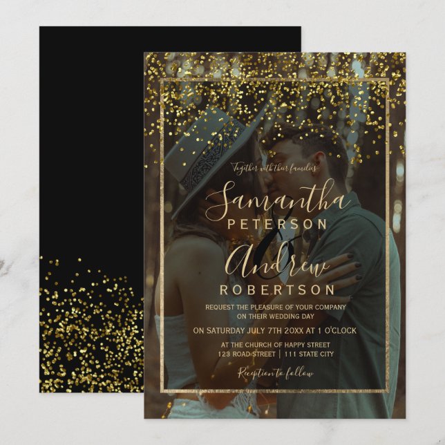 Chic gold confetti typography photo wedding invitation (Front/Back)