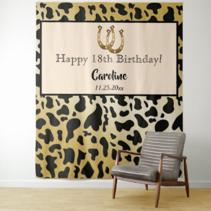 Chic Gold, Cow Spots & Gold Horseshoe Birthday Tapestry