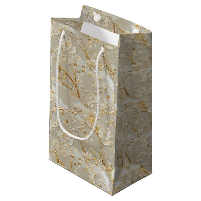 Chic gold cream floral small gift bag (Front Angled)