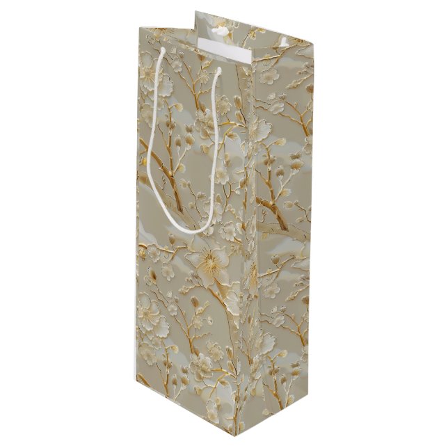 Chic gold cream floral wine gift bag (Front Angled)