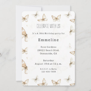 Chic Gold Cream White Butterflies Birthday Invitation