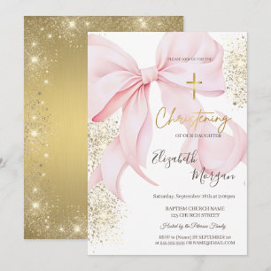 Chic Gold Cross Baptism Gold Glitter Pink Bow Invitation