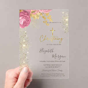Chic Gold Cross Baptism Gold Glitter Pink Roses Acrylic Invitations