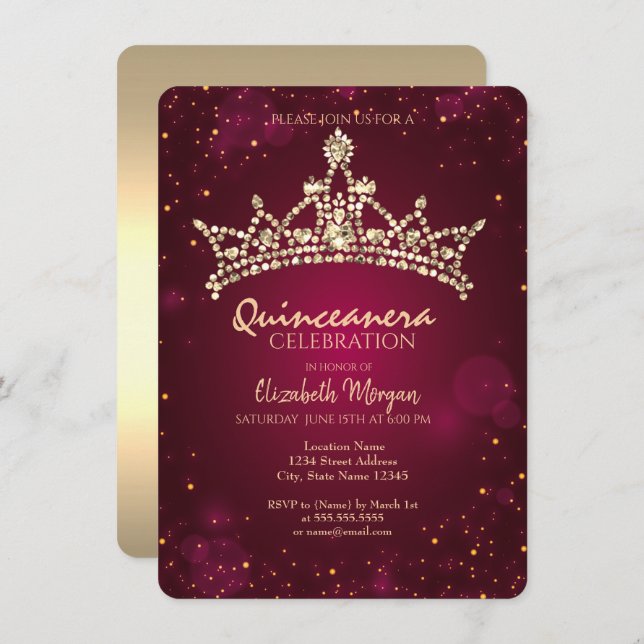 Chic Gold Crown Burgundy Quinceañera   Invitation (Front/Back)