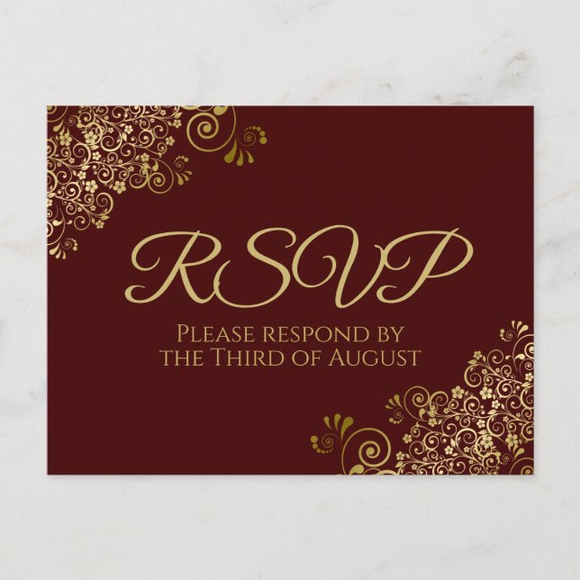 Chic Gold Curls & Swirls on Auburn Wedding RSVP Postcard (Front)