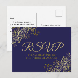 Chic Gold Curls & Swirls on Navy Wedding RSVP Postcard