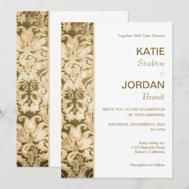 Chic Gold Damask Wedding Invitation (Front/Back)
