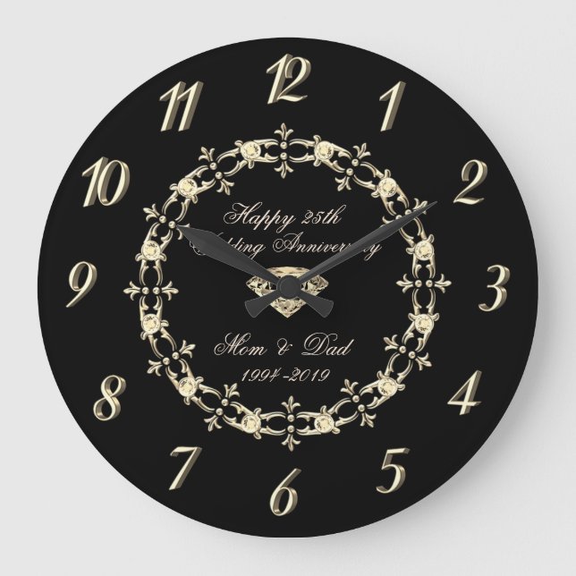 Chic Gold Diamonds 25th Wedding Anniversary Large Clock (Front)