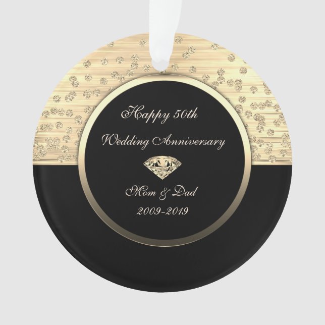 Chic Gold Diamonds Black 50th Wedding Anniversary Ornament (Front)