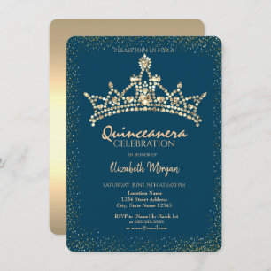 Chic Gold Diamonds Crown Blue Quinceañera Invitation