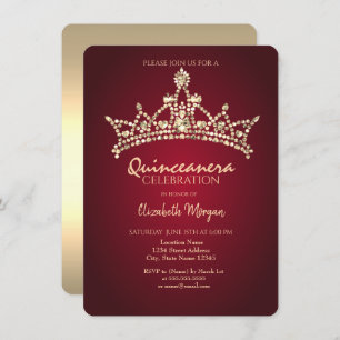 Chic Gold Diamonds Crown Burgundy Quinceañera Invitation