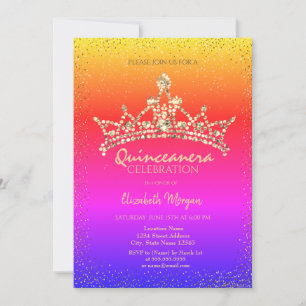 Chic Gold Diamonds Crown Colourful Quinceañera  Invitation