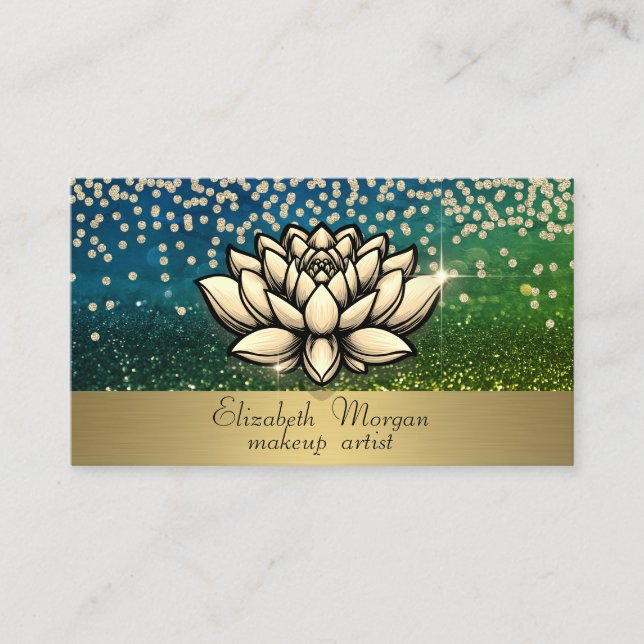 Chic Gold Diamonds Lotus Green Bokeh Business Card (Front)