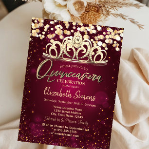 Chic Gold Dots,Tiara Burgundy Quinceañera  Invitation