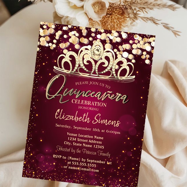 Chic Gold Dots,Tiara Burgundy Quinceañera  Invitation (Creator Uploaded)