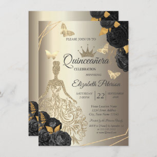 Chic Gold Dress,Butterfly Black Roses Quinceañera Invitation