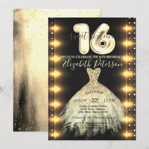 Chic Gold Dress Confetti Lights Sweet 16 Invitation