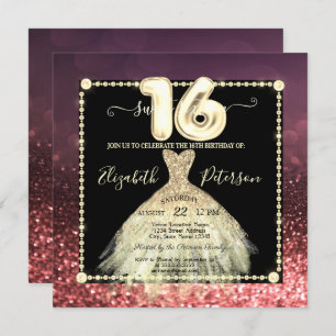 Chic Gold Dress Glitter Burgundy Sweet 16 Invitation