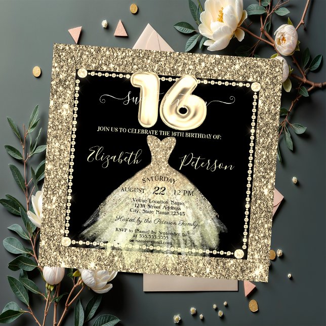 Chic Gold Dress Glitter Sweet 16 Invitation (Creator Uploaded)