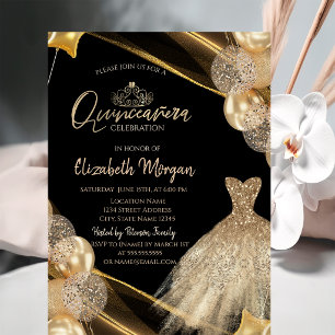 Chic  Gold Dress Tiara Balloons Quinceañera Invitation