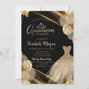 Chic  Gold Dress Tiara Balloons Quinceañera Invitation