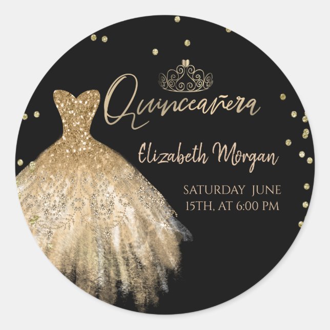 Chic Gold Dress Tiara,Diamonds Black Quinceañera  Classic Round Sticker (Front)