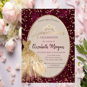 Chic Gold Dress Tiara, Red Quinceañera  Invitation