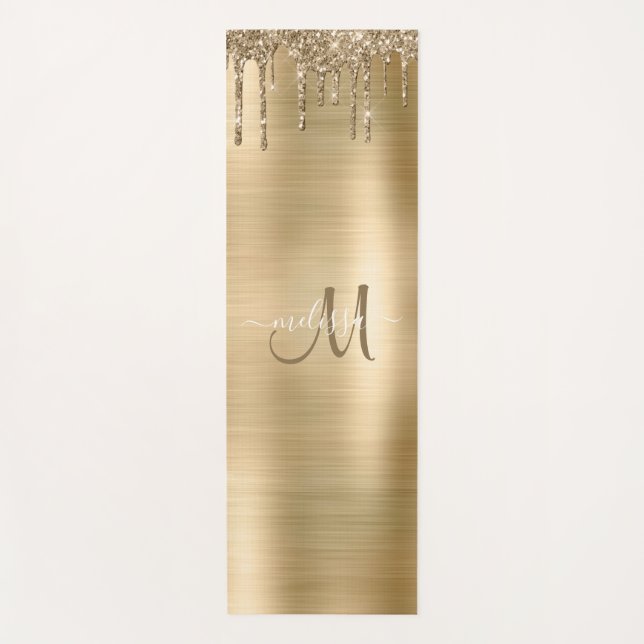 Chic Gold Dripping Glitter Brush Metal Monogram Yoga Mat (Front)