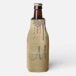 Chic Gold Dripping Glitter Brushed Metal Monogram Bottle Cooler