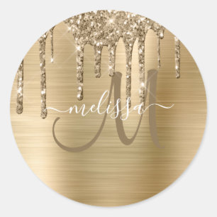 Chic Gold Dripping Glitter Brushed Metal Monogram Classic Round Sticker