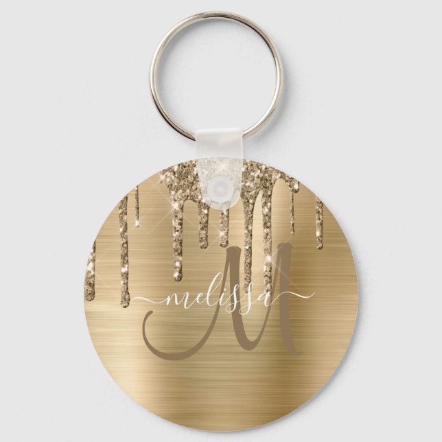 Chic Gold Dripping Glitter Brushed Metal Monogram Key Ring (Front)
